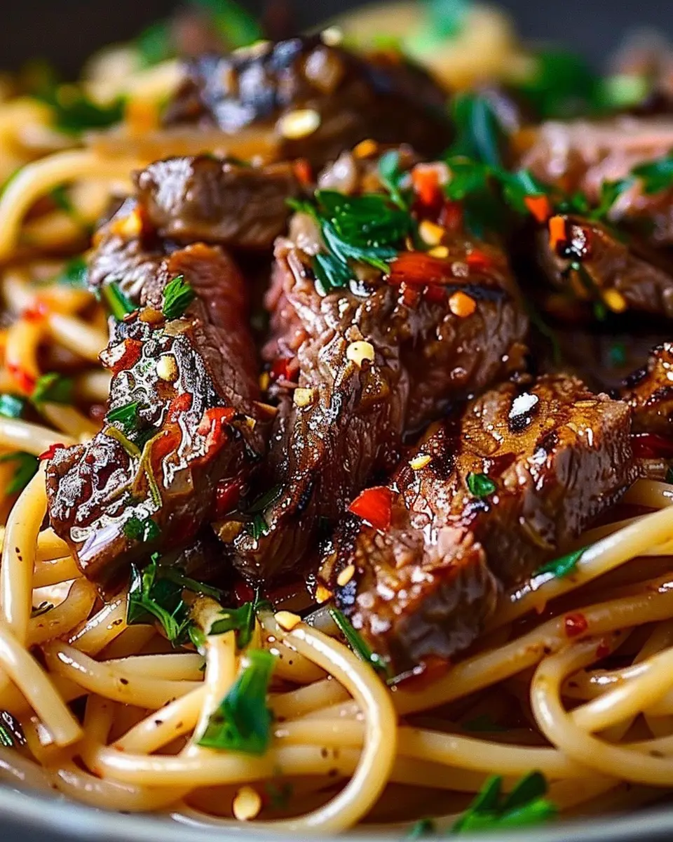 Sweet and Spicy Garlic Steak Pasta