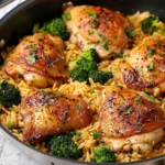Skillet Chicken Thighs with Broccoli Cheddar Orzo