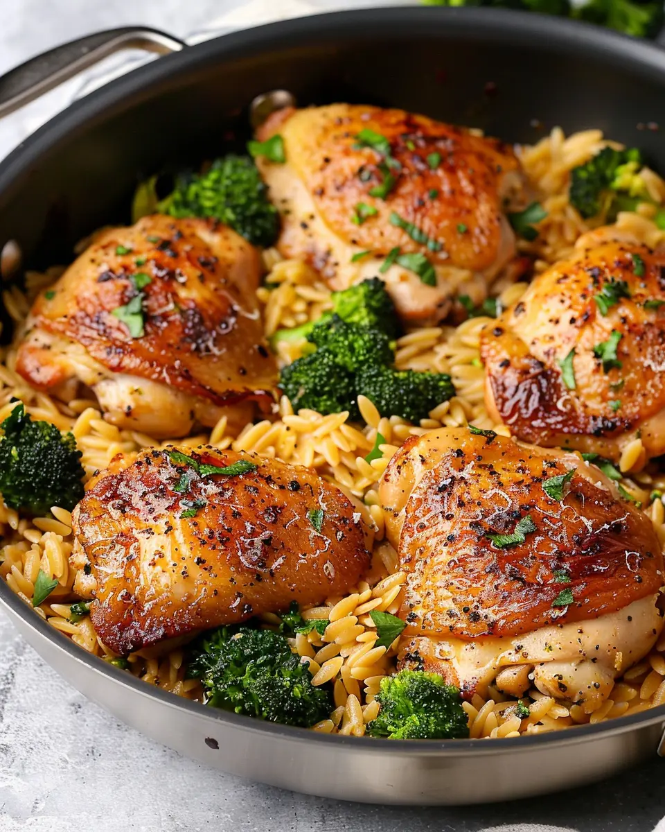 Skillet Chicken Thighs: Juicy Recipe with Broccoli Cheddar Orzo
