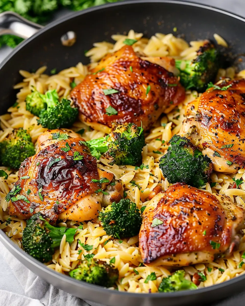 Skillet Chicken Thighs: Juicy Broccoli Cheddar Orzo Delight