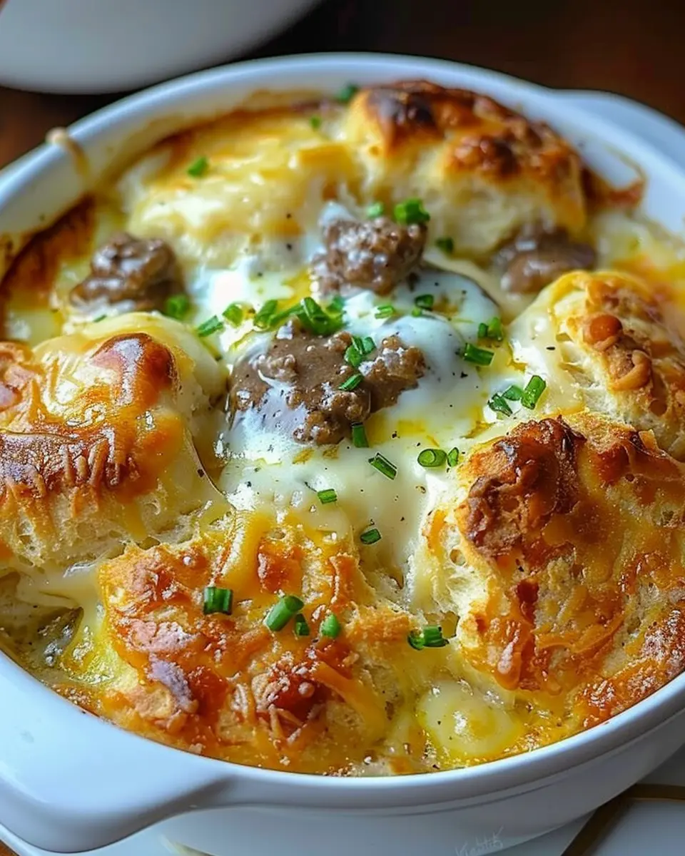 Indulgent Biscuits and Gravy Breakfast Bake with Turkey Bacon